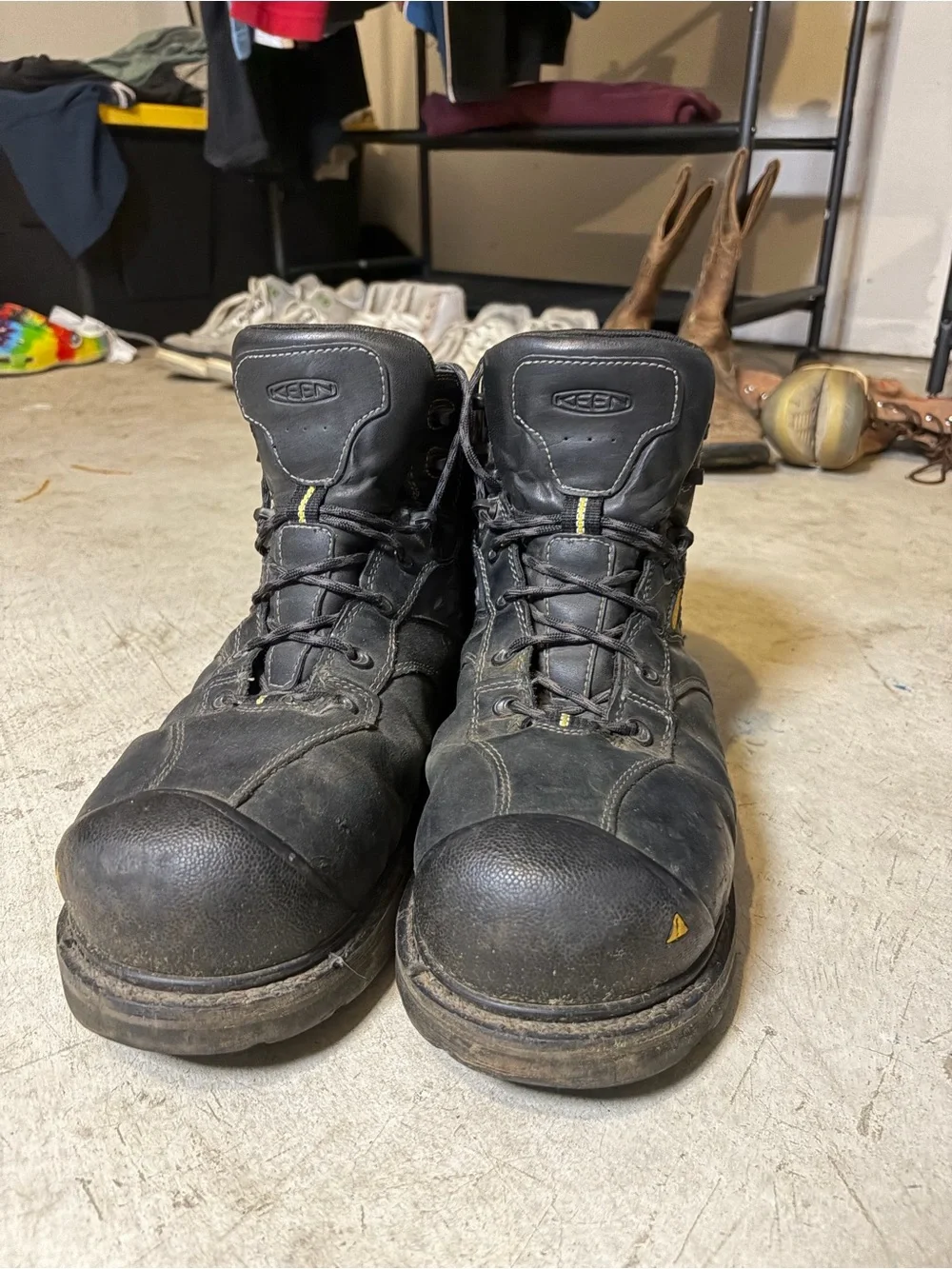 Keen Men's Black Lace-Up Work Boots with Yellow Accents